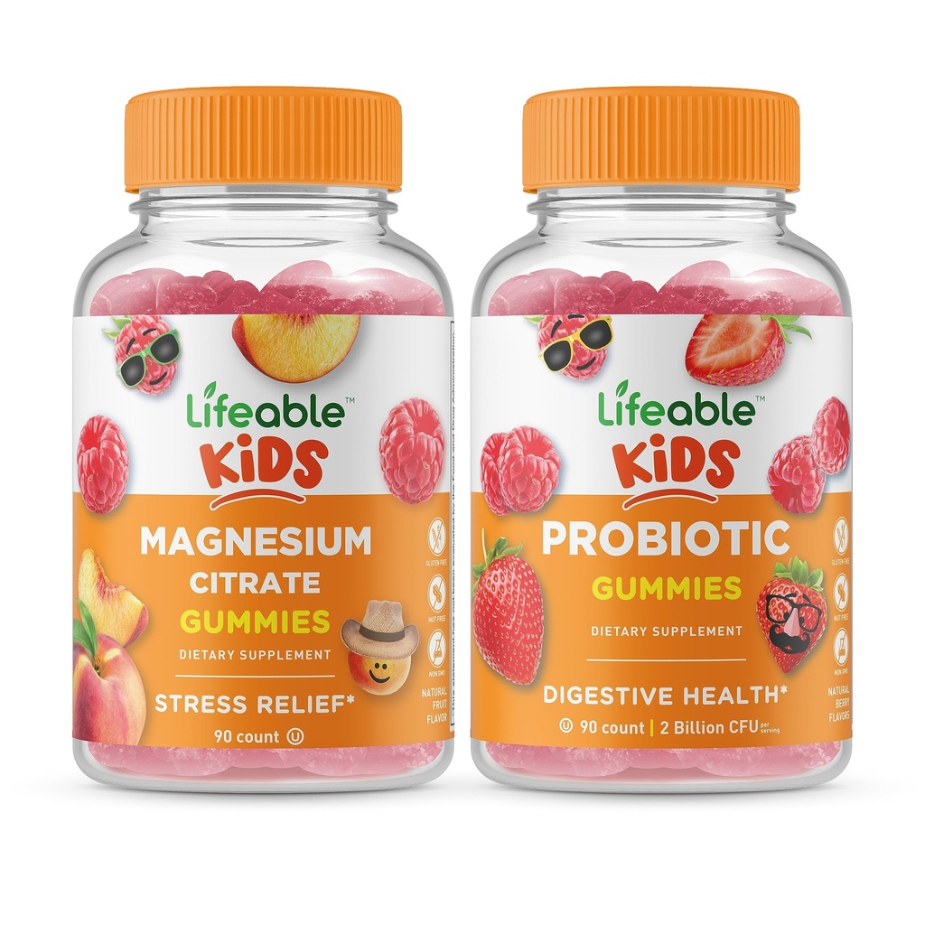 Lifeable Magnesium Citrate Kids + Probiotic 2 Billion CFU Kids, Gummis Bundle - Große Verkostung, Vitamin Supplement, Glutenfrei, GMO frei, Kaugummi