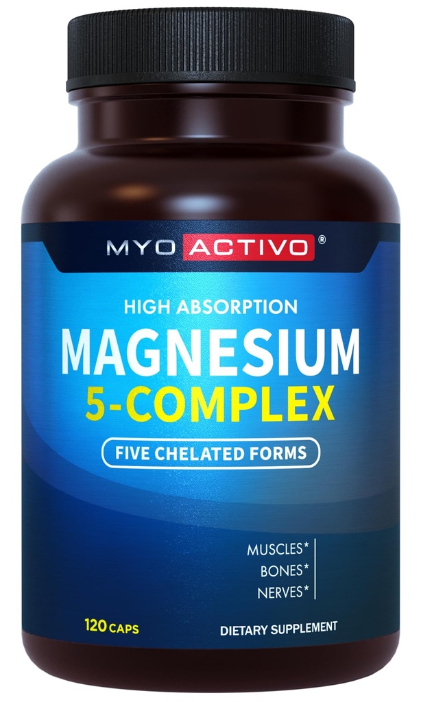 5-in-1 Magnesium Complex - hohe Absorption - Chelat Magnesium Glycinat, Malat, Citrat, Taurat, & Aspartate für Nerves, Muskeln, Knochen | 120 Kapseln | Magnesium Supplement