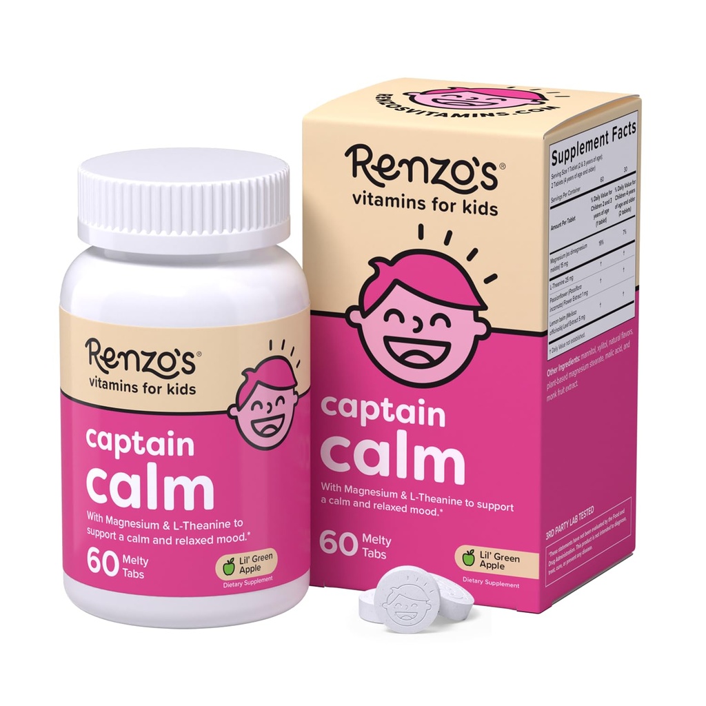 Renzo's Captain Calm Kids Magnesium Supplement mit L-Theanin, Auflösbare Kinder Vitamine für Entspannung und Stimmung Unterstützung, Zuckerfreie Melty Tabs, Grüne Apfel Geschmack, 60-Count (1-2 Monat Versorgung)