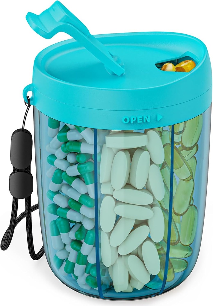 PULIV Large Pill Bottle Organizer, Supplement Organizer für die Holding 6 verschiedene Vitamine, Pill Box Case mit Anti-Mixing & Wide Opening Design, einfach zu nehmen Meds und 20 Stück Stick-on Labels, Blau