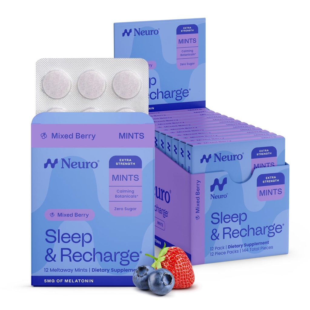 Neuro Melatonin 5mg Schlaf- &amp; Wiederaufladung Minze (144 Stück) - Schnell lösen Melatonin Zucker kostenlose Minze mit Zitronenbalsam & Kamille für besseren Schlaf - ruhig Schlafergänzung für Erwachsene - Nachtbeeren Geschmack