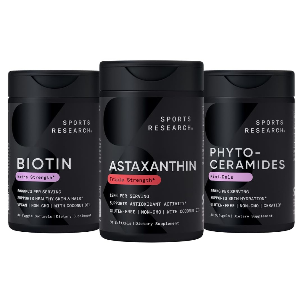 Sport Research® Gesunde Haut- und Haarunterstützung - Vegan Biotin 10.000mcg mit Kokosöl, Triple Strength Astaxanthin 12mg und Phytoceramide 350mg pro Softgel · Non-GMO · Vegan · Glutenfrei