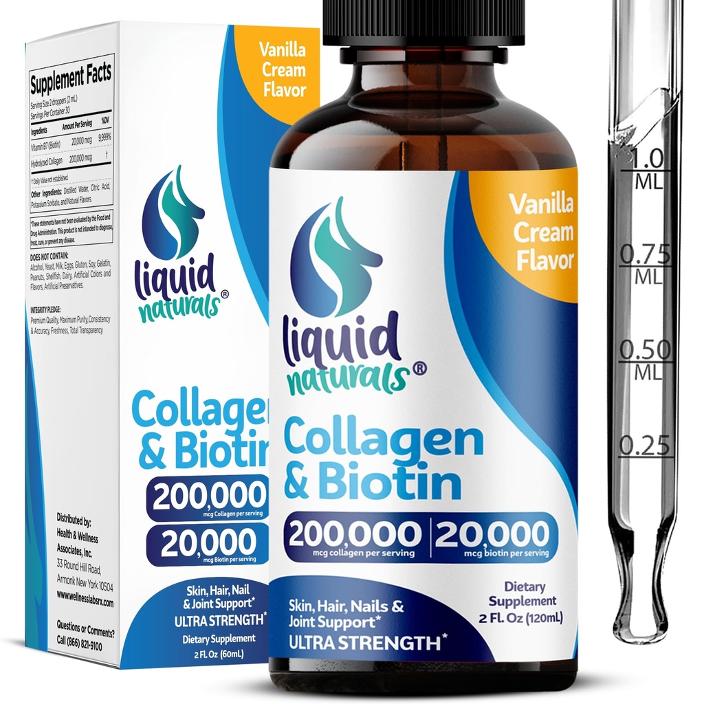 Flüssiges Kollagen und Biotin, 2 Fl. Oz, Ultra-Strength Collagen Peptide für Frauen, Third-Party Tested Biotin für Haarwachstum Frauen, Nägel, und Haut Vitamine B7 Collageno Peptide - Vanille Geschmack