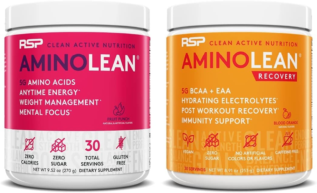 RSP NUTRITION AminoLean Pre Workout Energy (Fruit Punch 30 Servings) mit AminoLean Recovery Post Workout Boost (Blood Orange 30 Servings)