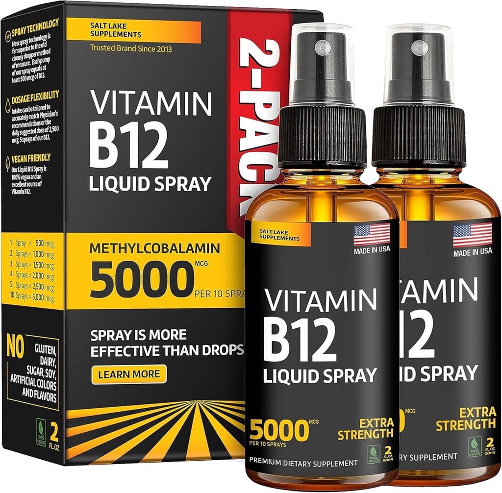 (2 Pack) - Liquid B12 Spray 5000 mcg - Vitamin B12 Sublingual - Vegan B12 Vitamin Spray - Methylcobalamin Vitamin B12 Liquid Boosts Energy & Mood - Gluten-Free & Non-GMO