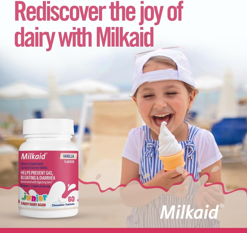Milkaid Junior Flavor Pack | Hilft Gas, Bloating, Durchfall bei Kindern | Fast Acting Dairy Digestive Supplement für Kinder | 180 Tablets