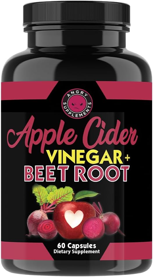 Angry Ergänzungen Apfel Apfel Apfelessig + Rüben Wurzelpulver Kapseln, reine ACV Beetroot 1000mg pro Servieren, Verdauungsgesundheit für Männer und Frauen (60ct, 1-Monat Versorgung)