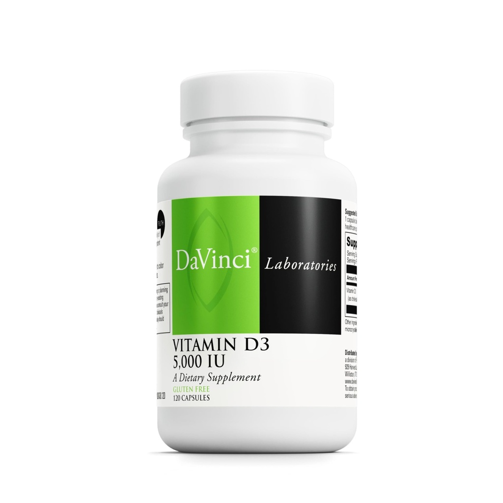 DAVINCI Labs Vitamin D3 5000 IU - Nahrungsergänzungsmittel zur Unterstützung von gesunden Zähnen und Knochen, Herz-Kreislauf-Funktion und Immungesundheit* - mit 5000 IU pro Servierung - Glutenfrei - 120 Kapseln