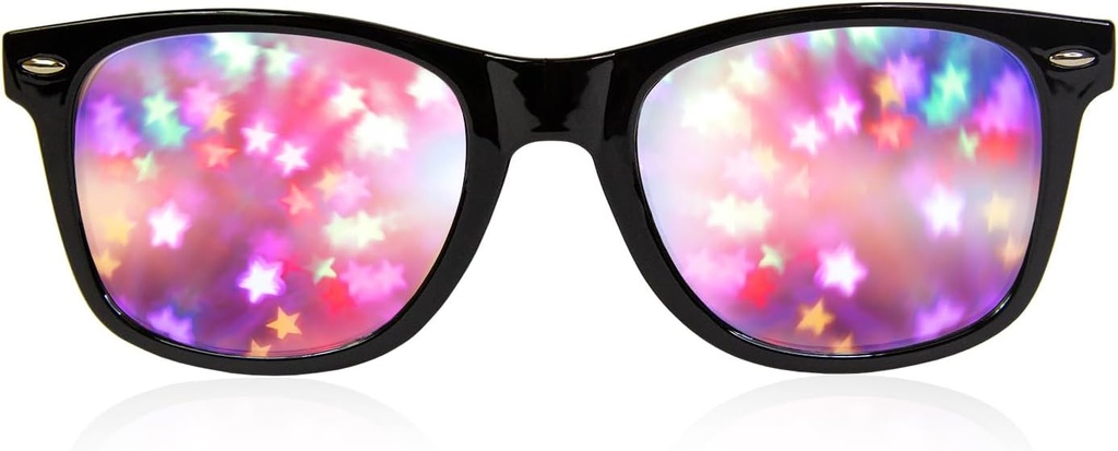 GloFX Black Frame Star Diffraction Glasses – Laser geätzt für atemberaubende Starburst Lichteffekte, flexibel und langlebig, perfekt für Raves & Festivals