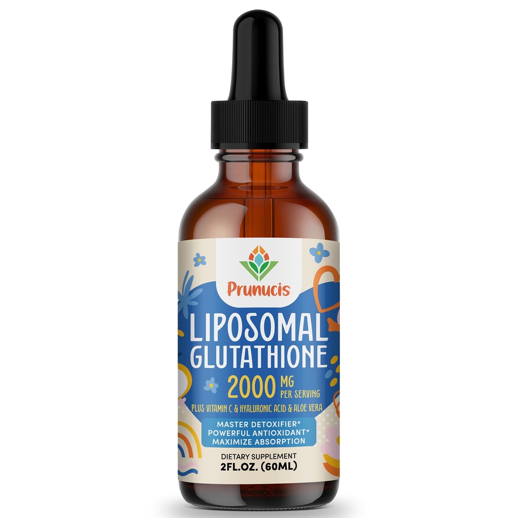 Prunucis 2000MG Liposomale Glutathionflüssigkeit, 98% Absorption, Aktivform L-Glutathion Supplement, Vegan Friendly, Powerful Antioxidant Complex for Immune System, Aging Defense, Detox, 2 FL.OZ