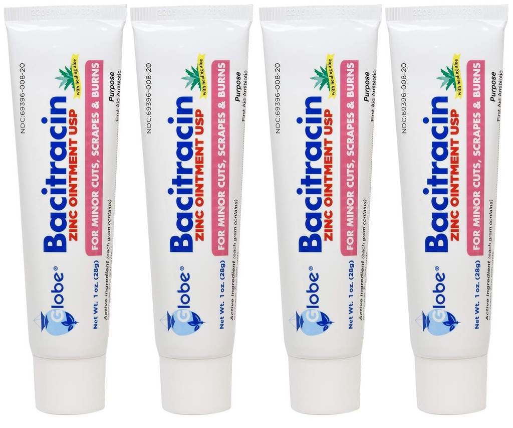 (4 Pack) Globe Bacitracin Zink Salbe + Aloe 1oz, antibiotische Salbe, essentielle antibiotische Erste Hilfe liefert, Heilwirkung, maximale antibiotische Kraft, verhindert Infektion in Schnitten, Schrott, Burns