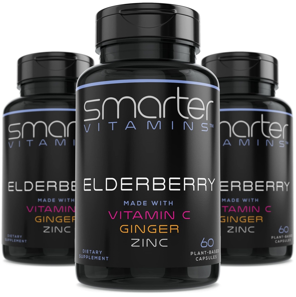 (3 Pack) Smarter Elderberry Kapseln + Vitamin C + Ginger & Zink, Kräuterergänzung, Leistungsstarke schwarze Ältere Berry Extrakt Antioxidans Vitamin, 180 Vegan Pillen