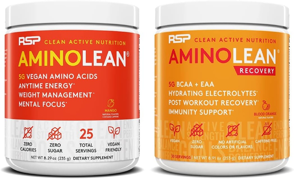 RSP NUTRITION Vegan AminoLean Pre Workout Energy (Mango 25 Servings) mit AminoLean Recovery Post Workout Boost (Blood Orange 30 Servings)