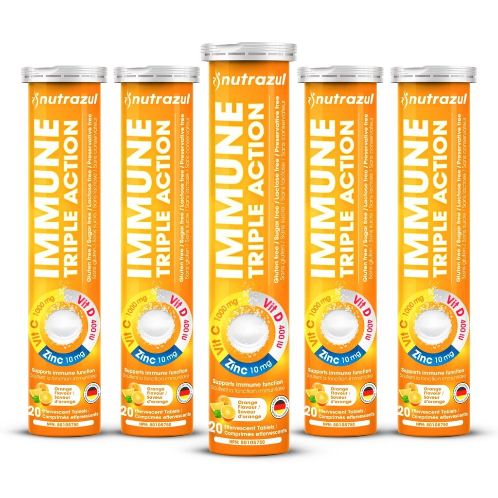 nutrazul Immun Triple Action Brausetabletten mit Vitamin C 1000mg, Vitamin D, Zink, Support Daily Routine, Glutenfrei, Zuckerfrei, Lactosefrei, Orange Flavor, 20 Tabletten (Pack mit 5x20)