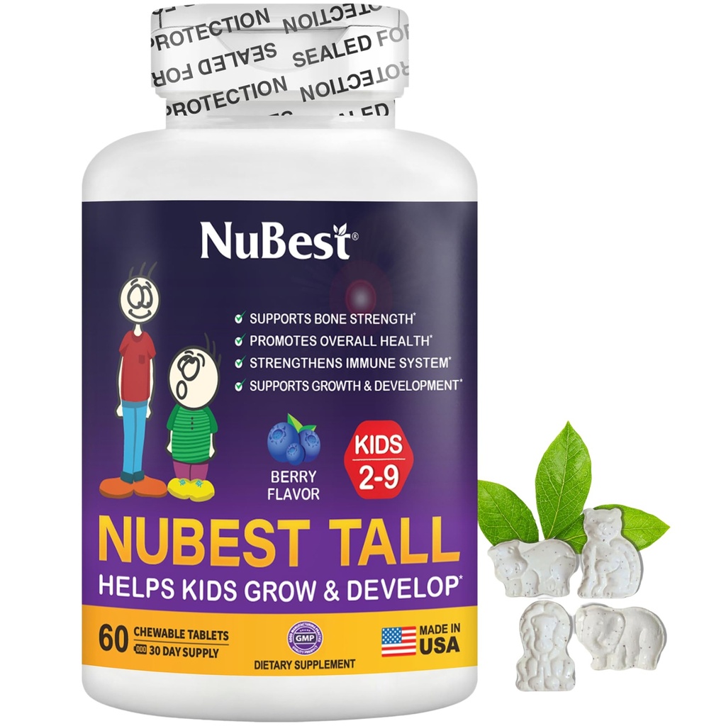 NuBest Tall Kids - Multivitamine & Minerals für Alter 2 bis 9 - Knochenfestigkeit & Immunität Unterstützung - Hilft Kindern, Kleinkinder Gesund - Tierformen - 60 Kaubare Berry Tabletten | 1 Monat Versorgung