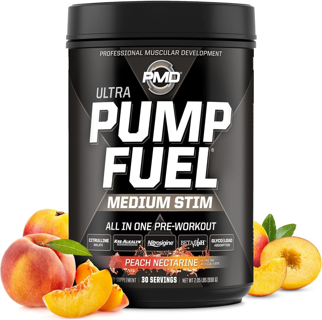 PMD Sports Pump Fuel Ultra Medium Stim - Premium Pre Workout Powder & Muscle Pump, Greater Focus, Endurance & Recovery, Premium Creatine, Arginine & Beta Alanine - Peach Nectarine (30 Servings)