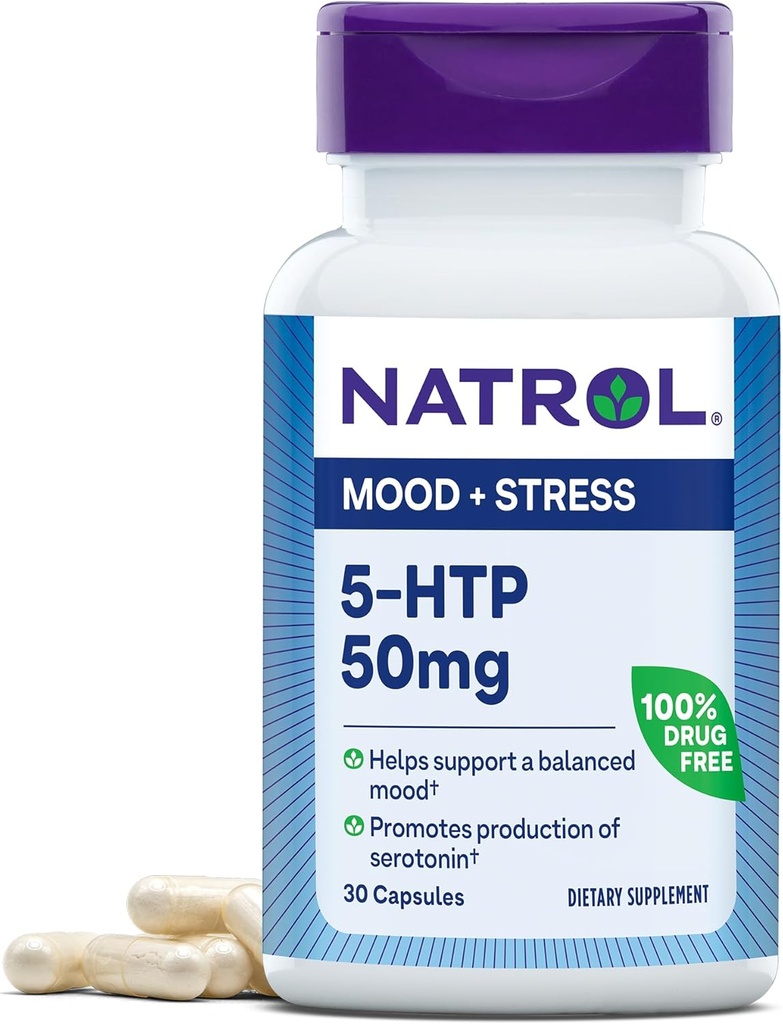 Natrol Mood & Stress 5-HTP 50mg, Nahrungsergänzung hilft eine Balanced Mood, 30 Kapseln, 7-30 Tage Versorgung