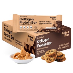 Perfekt Keto Collagen Protein Bar, Glutenfreies Gras Fed Collagen + MCT Öl, Low Carb, No Sugar Hinzugefügt, High Protein Snacks, Keto Diät-Lebensmittel, 13g Protein, 18g Fett, 3g Net Carbs, Peanut Butter Chocolate Chip, 12 Bars