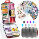 14 Grids Travel Pill Organizer Box mit 415-Pcs Medizin Name Labels - Pocket Daily Pharmacy Case Container Kit - Travel Medication Holder Dispenser für Fish Oil Vitamin Supplement Storage -Clear Grey