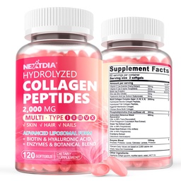 2 Pack Liposomal Collagen Peptide Pillen für Frauen 2000mg, Multi hydrolysierte Collagen Typ I, II, III, V, X mit 2500mcg Biotin - Collagen Supplements Softgele mit Haar, Haut & Nails Vitamine, 240 Cts