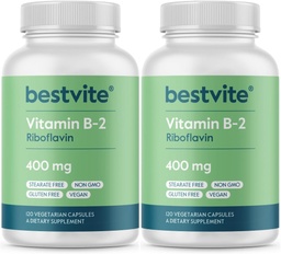 BESTVITE Vitamin B-2 (Riboflavin) 400mg (240 vegetarische Kapseln) (120 x 2) - No Stearates - Vegan - Non GMO - Glutenfrei