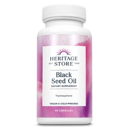 HERITAGE STORE Black Seed Oil Liquid Capsules 650mg, Nigella Sativa Ölergänzung mit Thymochinon, Omega 3 6 9, Antioxidans, Cholesterol, Digestive, Joint & Immune Support*, Vegan, 45 Serv, 90ct