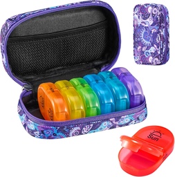 Serfeymi Weekly Travel Pill Organizer 2 Mal A Day AM Upgraded Regenbogen Pille Box 7 Tag mit tragbaren Reißverschluss Canvas Pille Fall, Medizin Organizer für Pillen, Vitamine, Fischöle - Lila 01