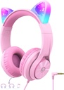 iClever Kinder Kopfhörer mit Cat Ear Led Light Up, Safe Volume Limite, FunShare, Foldable, Over-Ear Kopfhörer für Kinder für Schule/iPad/Tablet/Travel, Meow Donut-Pink
