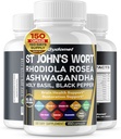 St. John's Wort Rhodiola Rosea Ashwagandha Holy Basil Valerian Chamomile Black Pepper -150 Kapseln- Made in USA