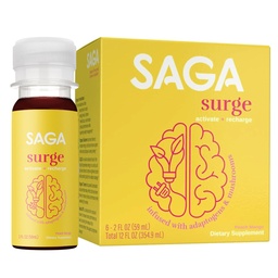 SAGA SURGE Organic Energy Shots | Performance Drink | Yerba Mate & Alpha GPC Supplement mit CoQ10, Turmeric & Mushrooms | Pre Workout Boost Drink for Focus, Endurance & Performance | 2oz Peach Mango