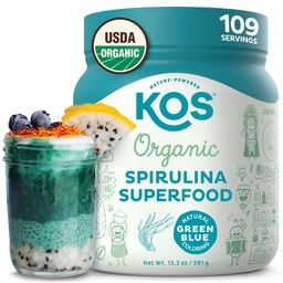 KOS Organic Spirulina Powder - USDA Certified Organic, 109 Servierungen von Superfood-Pulver für Glattwaren und Säfte, Non-Irradiated Blue Green Algae, Pflanze mit Antioxidantien, Vegan (13.5oz)