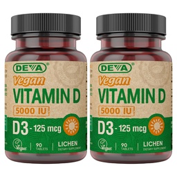 DEVA Vitamin D3 5000 IU, Sunshine Supplement, 125 mcg Vegan D3, 90-Count Bottle (Pack von 2)