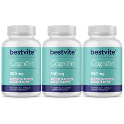 BESTVITE Cognizin Citicoline 500mg (180 vegetarische Kapseln) (60x3) - Klinisch untersucht Premium Choline Nootropic - No Stearates - Vegan - Glutenfrei - Brain Ergänzungen für Gedächtnis und Fokus