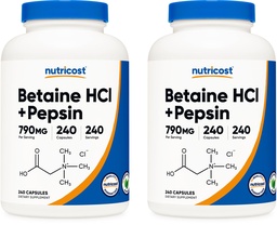 Nutricost Betaine HCl + Pepsin 790mg, 240 Kapseln, 2 Flaschen (480 Kapseln)
