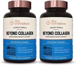 Live Conscious Beyond Collagen Multi Collagen Capsules - Typen I, II, III, V & X | Hydrolyzed Blend mit Biotin & Vitamin C für Haar, Haut, Nägel 90 Kapseln (2-Pack)