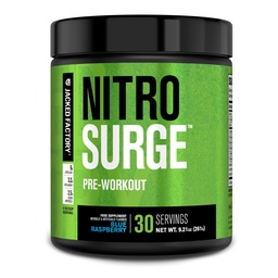 Jacked Factory NITROSURGE Pre Workout Supplement - Energy Booster, Instant Strength Gains, Clear Focus & Intense Pumps - NO Booster & Powerful Preworkout Energy Powder - 30 Portionen, Blue Raspberry