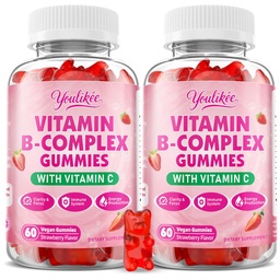2 Packung Vitamin B-Komplex Gummis für Frauen und Männer, Methyl B12, B1, B2, B3, B5, B6, B7 & B9 - Vitamin B Komplex mit Vitamin C unterstützt Energie- und Immunfunktion, Erdbeergeschmack, 120 Zählung