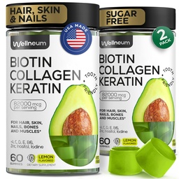 Biotin und Collagen Peptide Gummis für Haarwachstum, Haut und Nägel 120 Stück (2 Pack) - 82000 Mcg - Biotin Chewables mit Keratin Max Strength - Beauty Gummis für Damen und Herren - Sugar Free, Non-GMO