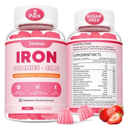 Vegan 2 Pack Eisen-Ergänzungsgummis für Frauen & Männer, Anämie, Blut-Erbauer & Energie-Unterstützung für Eisenmangel, mit Vitamin C, A, B Complex, Folate, CoQ10, Zuckerfrei, Non-GMO, 120 Count