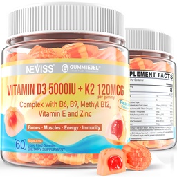 Vitamin D3 5000IU + K2 (MK-7) 120mcg, Sugar-Free Vitamin D3 K2 Gefüllte Gummier mit Vitamin B Complex - Methyl B12, B9, B6 | Vitamin E & Zink, MCT-Öl - Unterstützt Knochen & Zähne Stärke, Immune, 2PACK