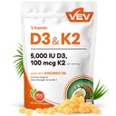 VEV Corefeel Vitamin D3 K2, 5000 IU D3 100mcg K2 (MK 7), 300 Softgels, 2-in-1 Vitamin D & K Supplement mit Kokosnussöl, unterstützt Kalziumabsorption und Knochengesundheit, leicht zu schlucken