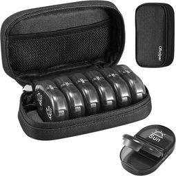 Serfeymi Weekly Travel Pill Organizer 2 Mal A Day AM Upgraded Black Pill Box 7 Tage mit tragbaren Reißverschluss Canvas Pill Case, Medizin Organizer für Pillen, Vitamine, Nahrungsergänzungsmittel, Fischöle - Schwarz 01