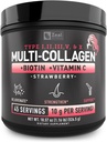 Premium Multi Collagen Peptides Protein Powder (1, 2, 3, 5 & 10) mit Vitamin C, Biotin, Hyaluronsäure, für Haarhaut und Nägel - Marine, Rinder, Huhn & Eggshell (Strawberry, 45 Servierungen)