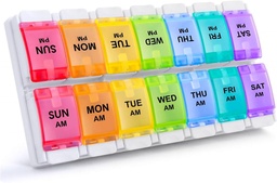 Sukuos AM Wöchentliche Pille Organizer 2 mal am Tag, große tägliche Pille Box Case 7 Tag mit einfachem Push-Button Design, abnehmbare Medizin Halter für Vitamin/Fish Oil/Supplements (Rainbow)