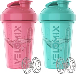 VELOMIX -2 Pack- 20 oz Protein Shaker Flaschen für Proteinmischungen - 2x Wire Whisk | Leak Proof Shaker Cups für Protein Shakes und Pre Workout | Protein Shaker Bottle Pack (Pink/Turquoise)