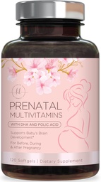 Pränatale Vitamine für Frauen mit Folsäure & DHA, Fetale Gehirnentwicklung Unterstützung mit Folat & Omega 3's, Multivitamin mit Vitamin A, C, D, B6, B12 & Eisen, Schwangerschaftsergänzung - 120 Softgels
