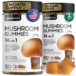 Mushroom Gummies 5000 Mg 120 Pcs (2 Pack) - Lion's Mane und 9 adaptogenic Mushrooms Blend - Ashwagandha, L-Theanine - Pilzgummis für Energie, Immunität, Fokus, Gehirn Boost - kein Zucker und GMO