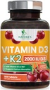 Vitamin D 2000 IU 50mcg pro Tablette - Vitamine D3 & K2 (MK7) Komplexergänzung für Knochen, Zähne, Muskel, Kalziumabsorption, unterstützt Immun- und Herzgesundheit, Kauformel USA abgefüllt - 180 Tabletten