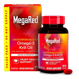 MegaRed Antarctic Krill Oil 500mg Omega 3 Fettsäure Supplement, Extra Strength EPA & DHA Krill Oil Softgels (90cnt Box), Astaxanthin, Heart Health Supplement ohne Fischöl Nachgeschmack