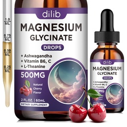 Magnesium Glycinat Flüssigkeitstropfen 500mg, mit Vitamin B6, Ashwagandha, L - Theanin, Kamille, Magnesium Glycinat Ergänzung hohe Absorption für Schlaf, Stress, Energie, Stimmung - Kirschen Geschmack